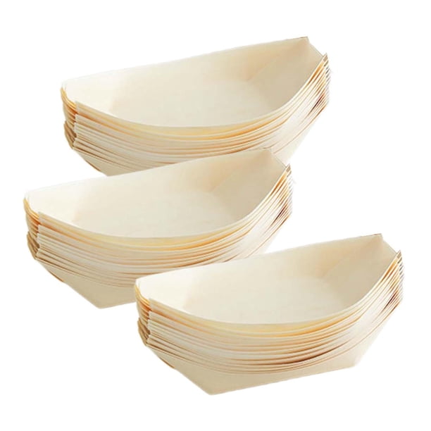 50 bandejas de madera con forma de barco, desechables, para servir comida, sushi, platos y vajilla. 19cmx10cm
