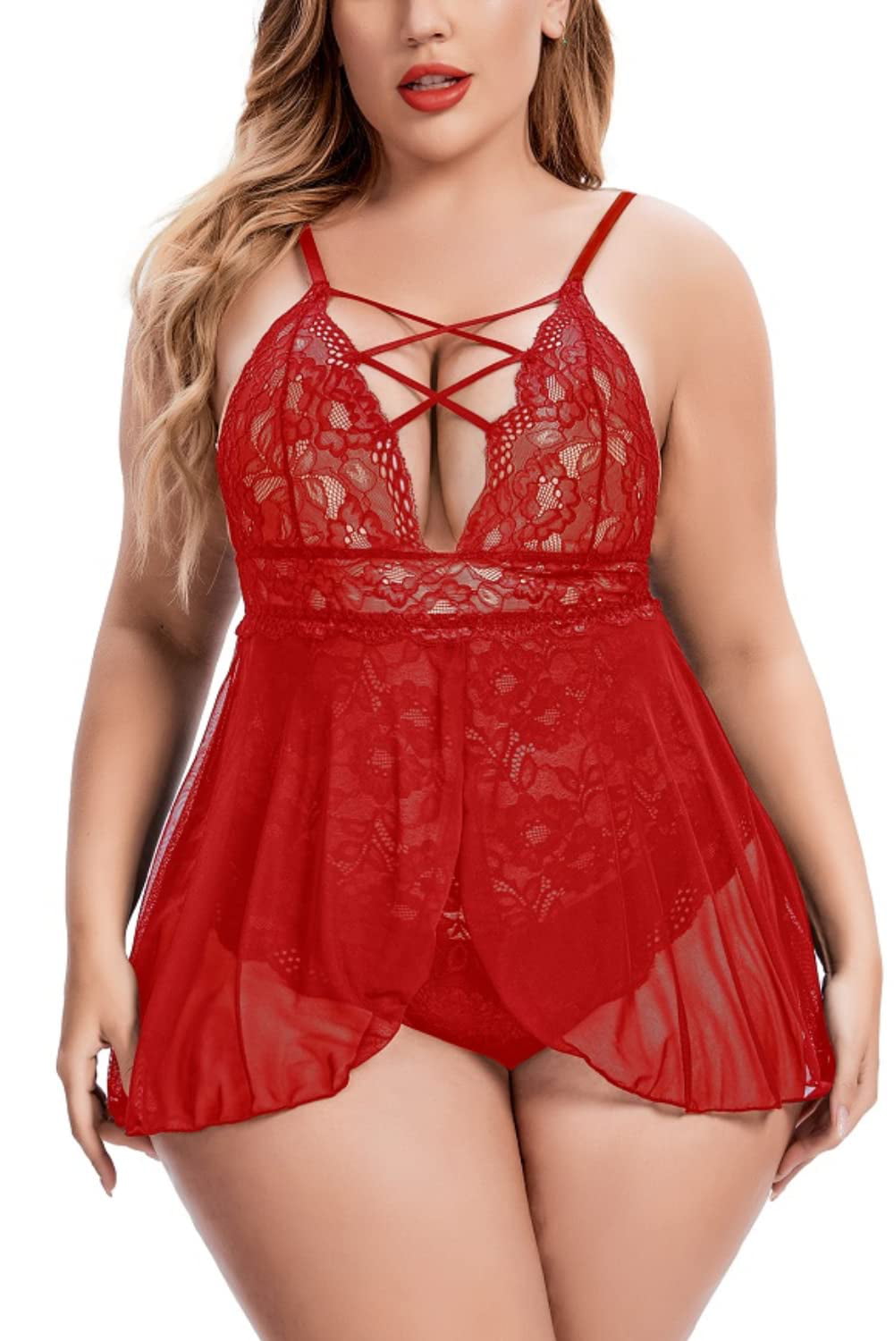 Plus Size Babydoll for Women Double Layer Elastic High Waist Teddy Chemise Comfy Floral Lace Lingerie 