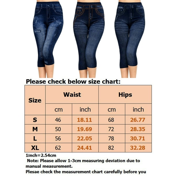 Innerwin Capri Fake Jeans Tummy Control Women Look Print Jeggings Workout  Butt Lifting Stretch Denim Printed Leggings Blue C L 