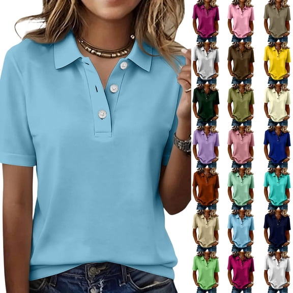 Polo Shirts Womens Short Sleeve V Neck Business Casual Tops Golf Collared 3 Buttons Summer Work Blouse Light Blue S