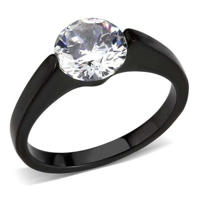 IP Black Stainless Steel Ring with AAA Grade CZ, Clear - Size 6