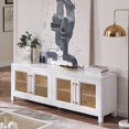 thumbnail image 6 of JYED Mid Century Modern TV Stand for TVs up to 75", with Gold Hollow Metal Mesh Decorated, Boho TV Console with Storage Cabinets, Black TV Stand for Living Room, 69.5"x15.6"x24.8", 6 of 17