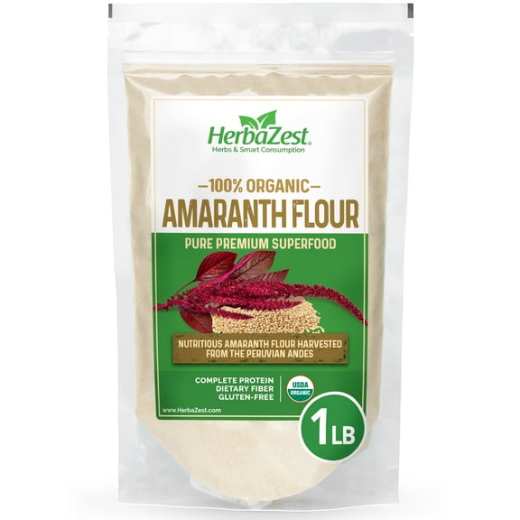 HerbaZest Amaranth Flour | 1 lb | USDA Certified Organic | Vegan & Gluten Free | Complete Protein for Baking, Cooking & More | Superfoods