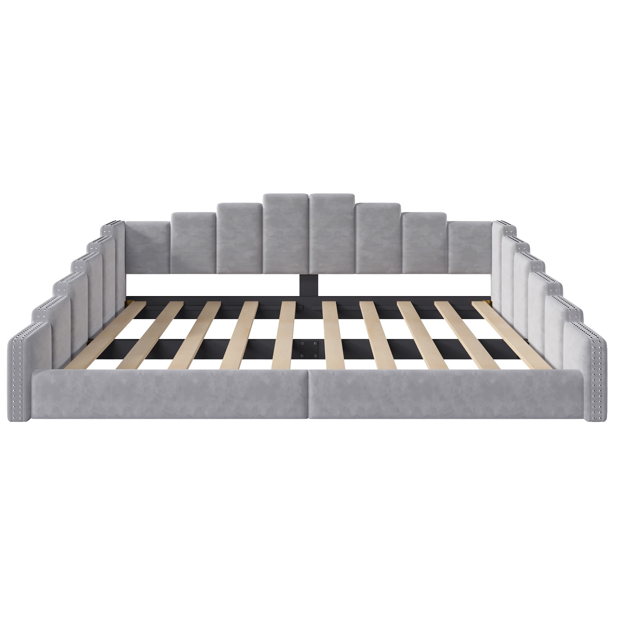 Euroco Upholstery Queen Size Daybed, Velvet Sofa Platform Bed with Nailhead Trim, No Box Spring Needed, Gray