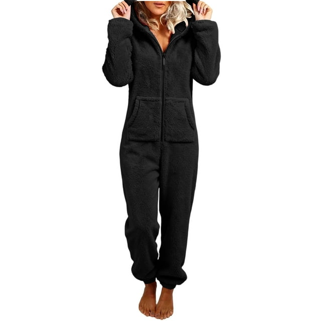 RXMEKW Combinaison à Capuche en Polaire Pyjama pour Femmes Manches Longues Tenue de Maison Fermeture Éclair devant Vert Armée Uni