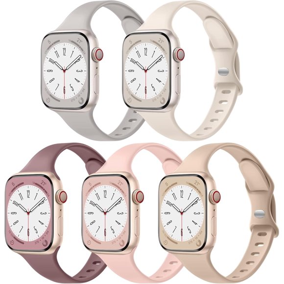 Correa delgada compatible con pulseras de Apple Watch para mujeres 40mm 38mm 41mm 42mm 44mm 45mm 46mm 49mm, correa estrecha de silicona suave para iWatch Series 10-1 SE, paquete de 5