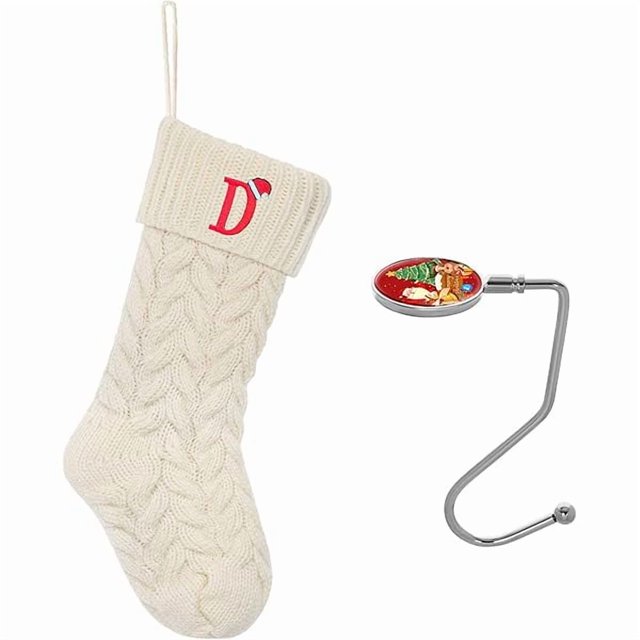 wonima44 Christmas Stockings Personalized Custom Initials 18 Inches Knitted Christmas Stockings with Letter Fireplace Hanging Monogram Xmas Stockings for Kids,Family Holiday Party Decoration(White D)