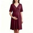 thumbnail image 4 of Annhoo Maternity Dress Short Sleeve V Neck Pleated Waist Knee Length Flowy Gowns Fall Casual Pregnancy Dress, 4 of 7