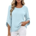 thumbnail image 2 of KTFgvq Women's Scoop Neck 3/4 Sleeve Blouses, Relaxed Fit Casual Tops, Solid Color Tees, Lightweight Linen for Vacation, Summer, Light Blue L, 2 of 7