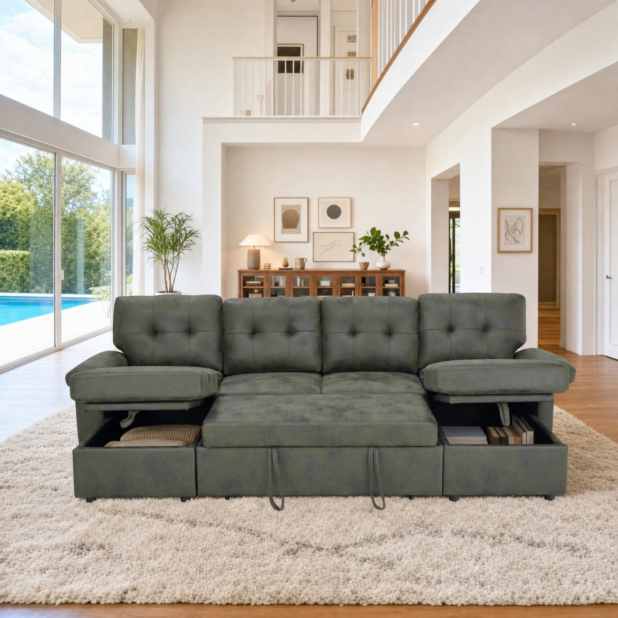BSHTI 112" Polyester Fabric U-Shaped Sectional Sleeper Sofa Bed with Pull-Out Bed,Tufted Back Cushions and Storage Chaise for Living Room(Olive Green)