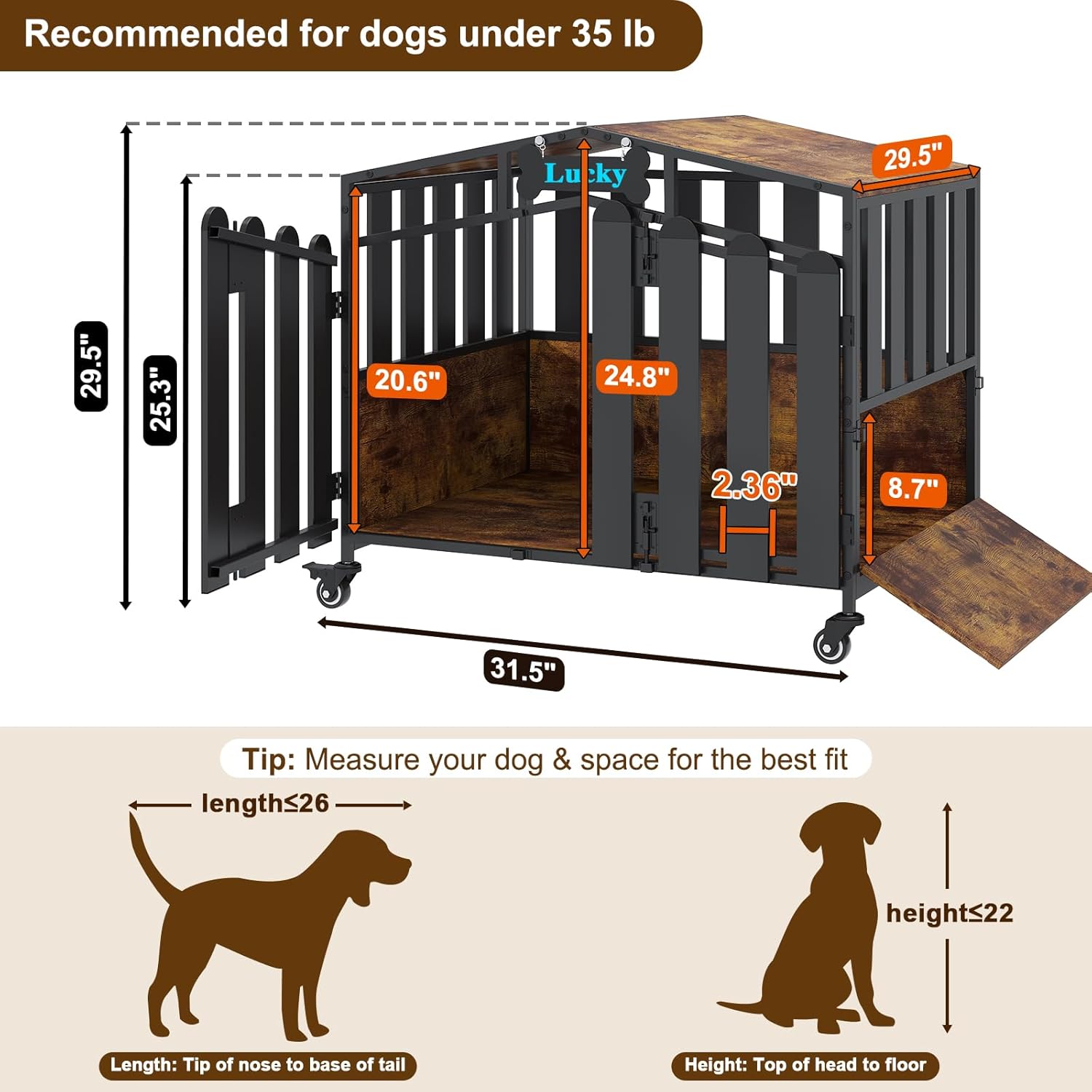 POAO 31"Heavy Duty Dog Crate Furniture with 360°Wheels,Dog Kennel Indoor for Small Dogs,Wooden Dog Cage with Feeding Window &Name Tag,Brown