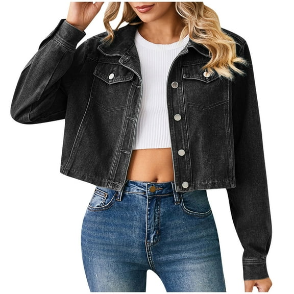 Oksale Cropped Denim Jacket for Women Distressed Jean Jacket Long Sleeve Trucker Jacket Vintage Western Jackets Casual Button Coat for Outside Black M