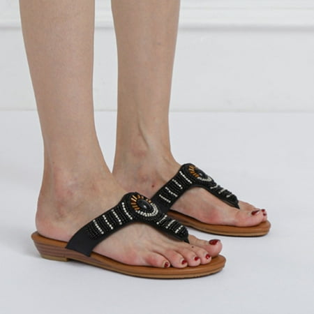 

CAICJ98 Womens Sandals Sandals for Women Flat Sandals Summer Ankle Strap Thong Sandals Beaded Sandals Beach Flip Flops Black