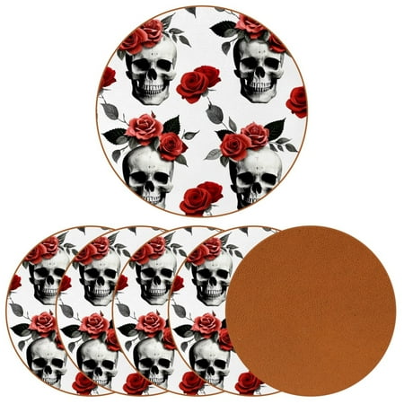 

YZUOUZY Home Decor Coaster 6 Pack Round Coffee Table Coasters White Background Gothic Skull Red Rose