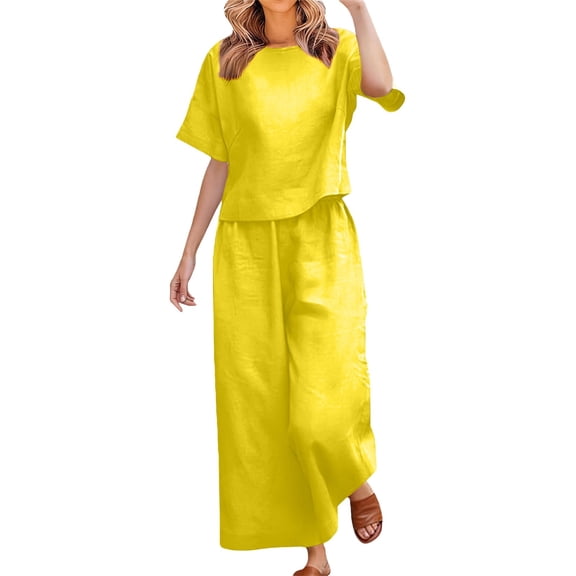 IWRICH Linen Sets for Women 2 Piece Boat Neck Short Sleeve Shirts Summer Wide Leg Casual Vacation Trousers Sets Yellow XL