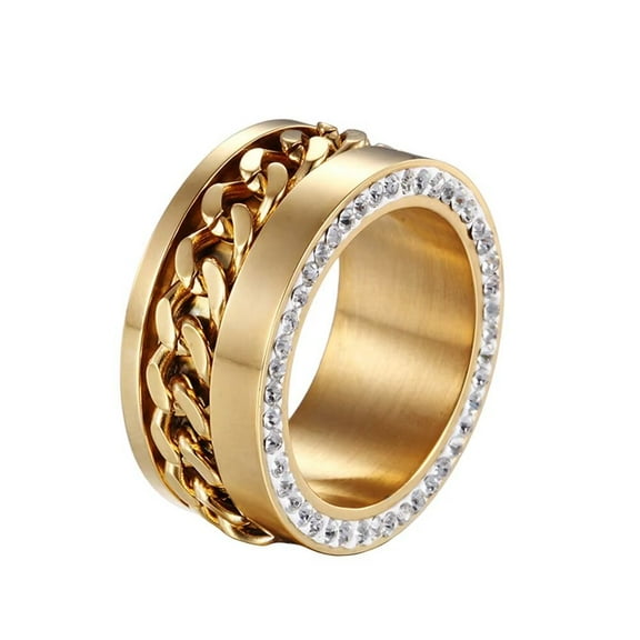 PAURO Women's Stainless Steel Rotating Chain Inlay Design Side with Zircon Wedding Band Ring Gold Size 6
