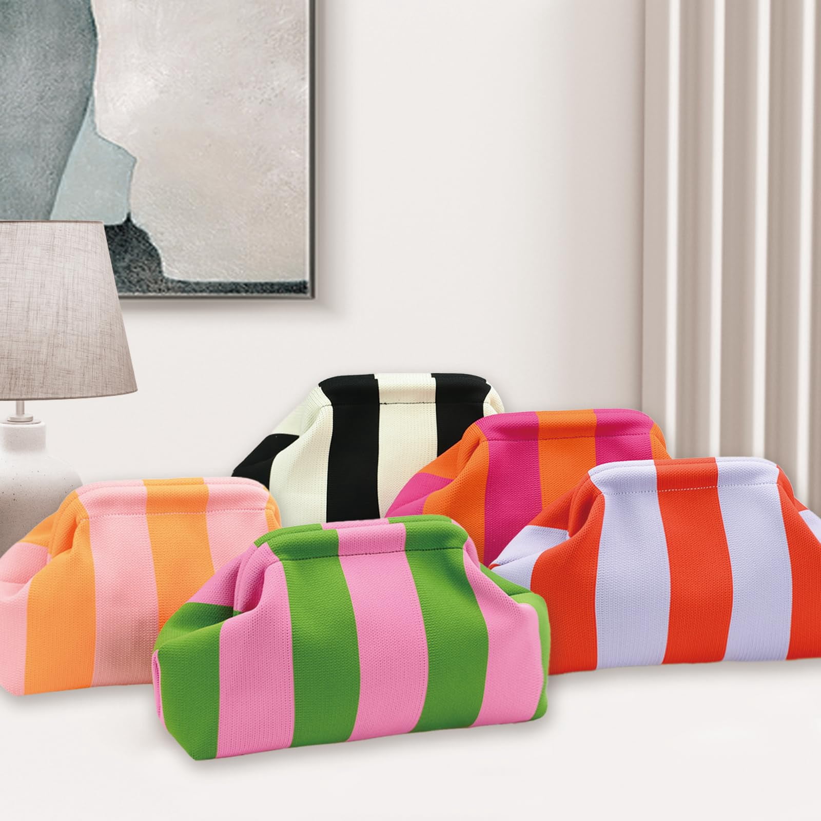 Summer Clutch Purses for Women Casual Crochet Dumpling Bag Colorblock Striped Cloud Clutch Handbags Casual Colorblock Bag Beach Clutch Purses Handbags