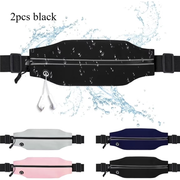 2 Pack Black Running Belt Fanny Pack, Slim Water Resistant Waist Phone Holder for Men Women, Fitness Workout & Travel