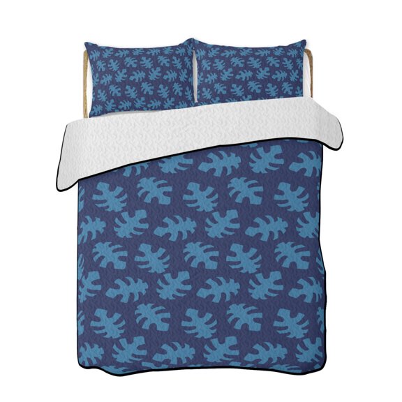Quilt King Size Bedding Set, Monstera Leaves Print Reversible Summer Quilt 3 Pieces, Summer Tropical Plants Boho Blue Lightweight Bedspreads Coverlets with 2 Pillow Shams for All Seasons