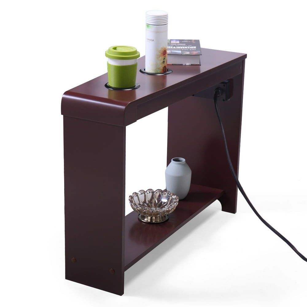 Jaxpety Small End Table with Cup Holder Electric Charging Station 2 USB