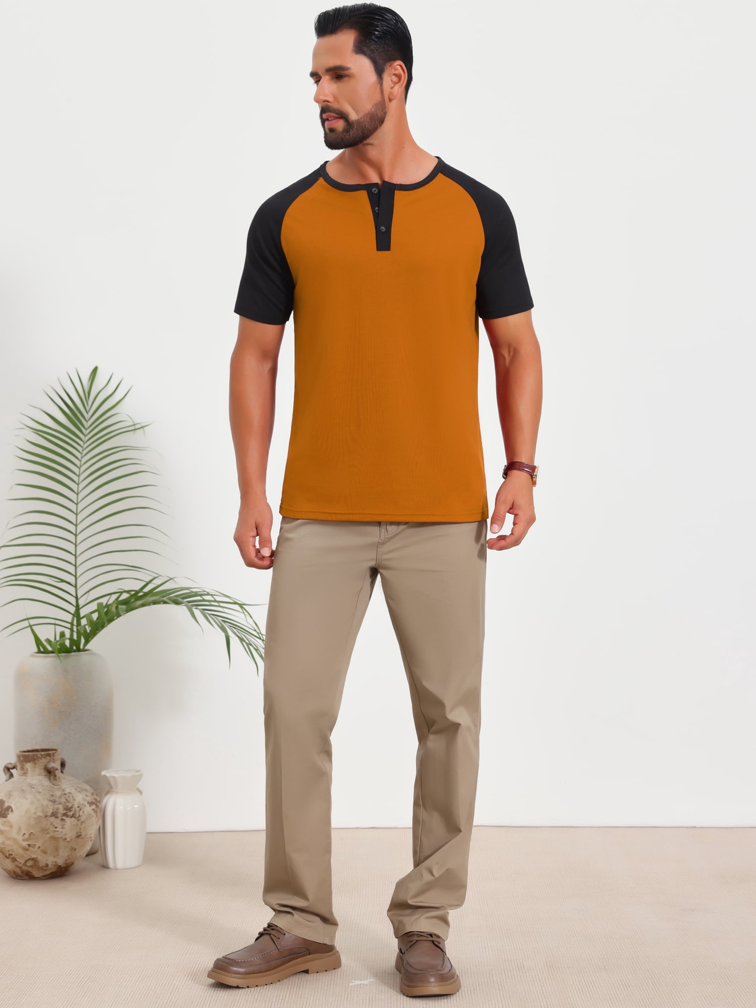 DARING DIVA Men's Henley Button Down Color Block Short Sleeve T-Shirt S Orange