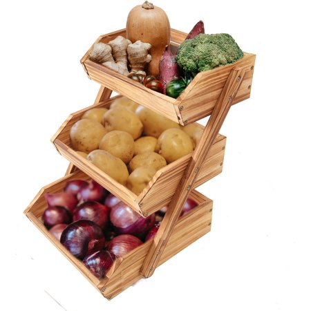 Large 3-Tier Wooden Fruit Basket, Kitchen Countertop Bowl Stand for Fruit, Vegetables & Bread, Farmhouse Style Organizer