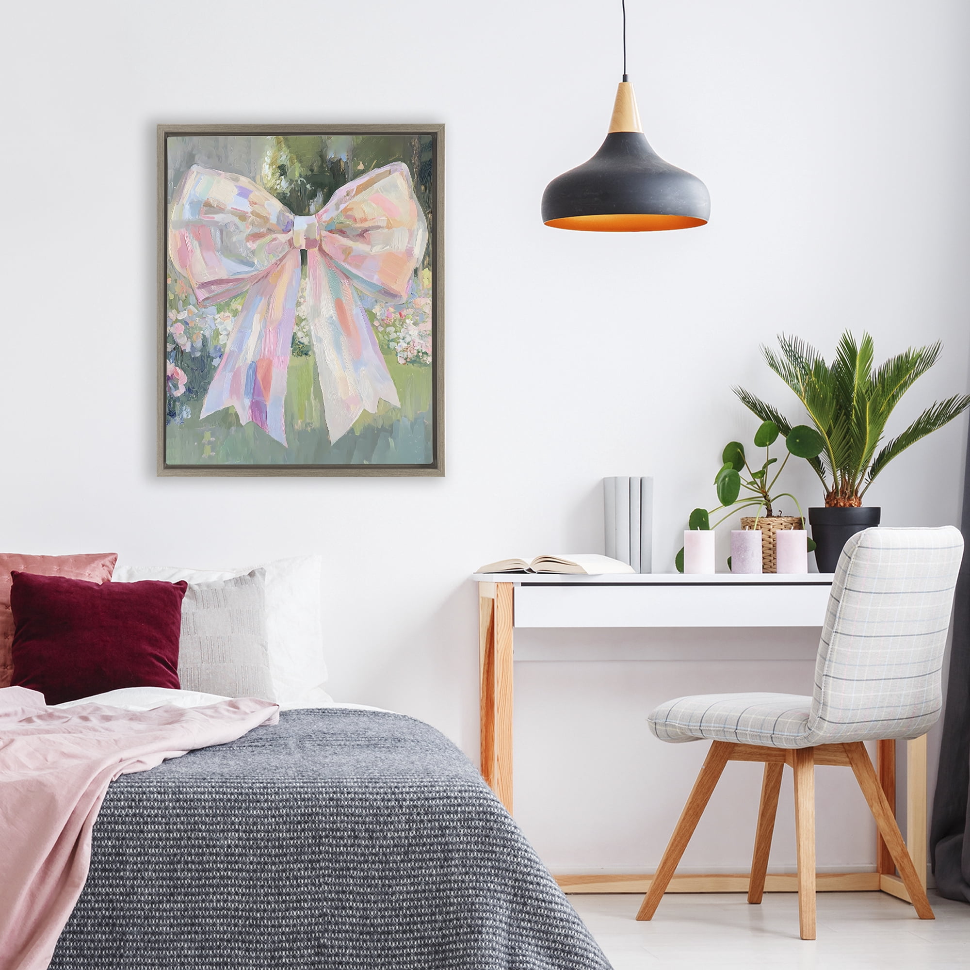 Stupell Industries Iridescent Pink Bow in Garden Brown Framed Floater Canvas Wall Art, design by The Prints Vibe