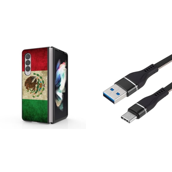Accessory Bundle for Galaxy Z Fold 4: Slim Snap-On Case (Vintage Mexico Flag), Nylon Braided USB-C to USB-A Cable (3 Feet)