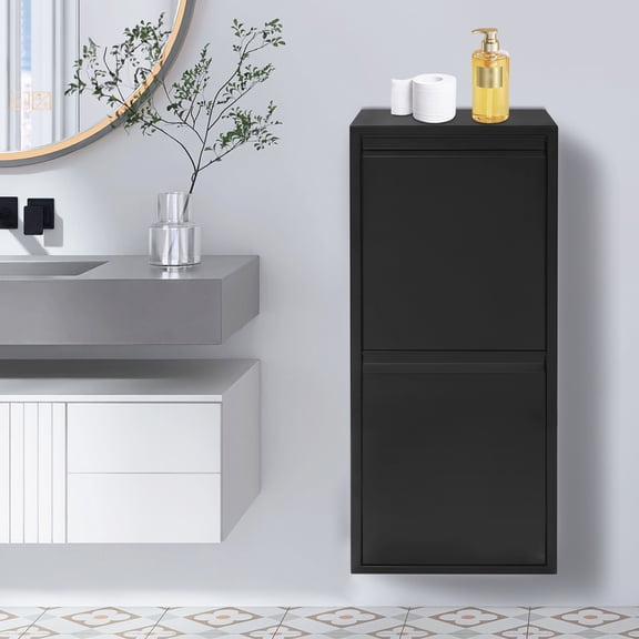 15 gallons Capacity Waste & Recycling Cabinet with 2 Buckets Trash and Recycling Organizer Tilt Out Trash Bin Cabinet Black