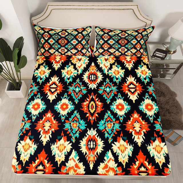 Erosebridal Watercolor Aztec Damask Fitted Sheet Set Full, Western Exotic Style Bed Set, Patchwork Decor, Microfiber 3 Pieces
