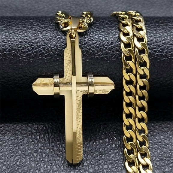 Men's Cross Male Crucifix Long Necklace for Women 14K Yellow Gold Christian Long Necklaces Biker Jewelry