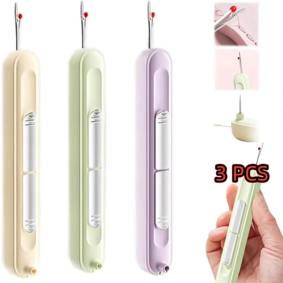 Auto Needle Threader and Seam Ripper Set - 3 Colors, Telescopic Design for Safety