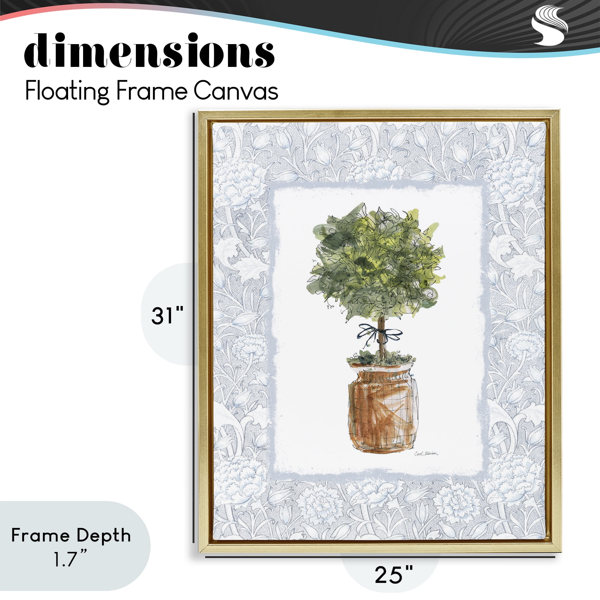 Stupell Industries Potted Topiary with Ribbon Gold Framed Floater Canvas Wall Art, design by Carol Robinson