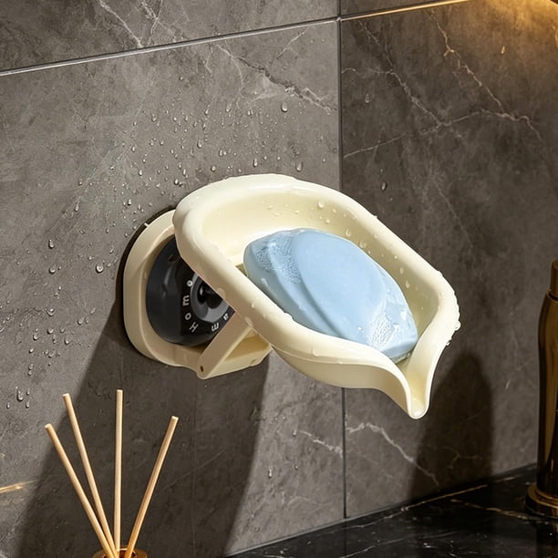 Jabonera con ventosa sin necesidad de taladrar y con tapa – Jabonera giratoria de pared con desagüe para baño, cocina o ducha.