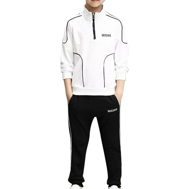 Sinleey Ensemble de Sport 2 Pcs pour Garçons, Survêtement à Fermeture Éclair, Chandail à Col Montant avec Pantalon de Jogging, Blanc 150