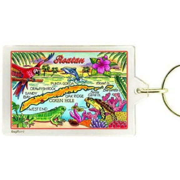 Roatan Honduras Map Acrylic Rectangular Souvenir Keychain 2.5 inches X 1.5 inches