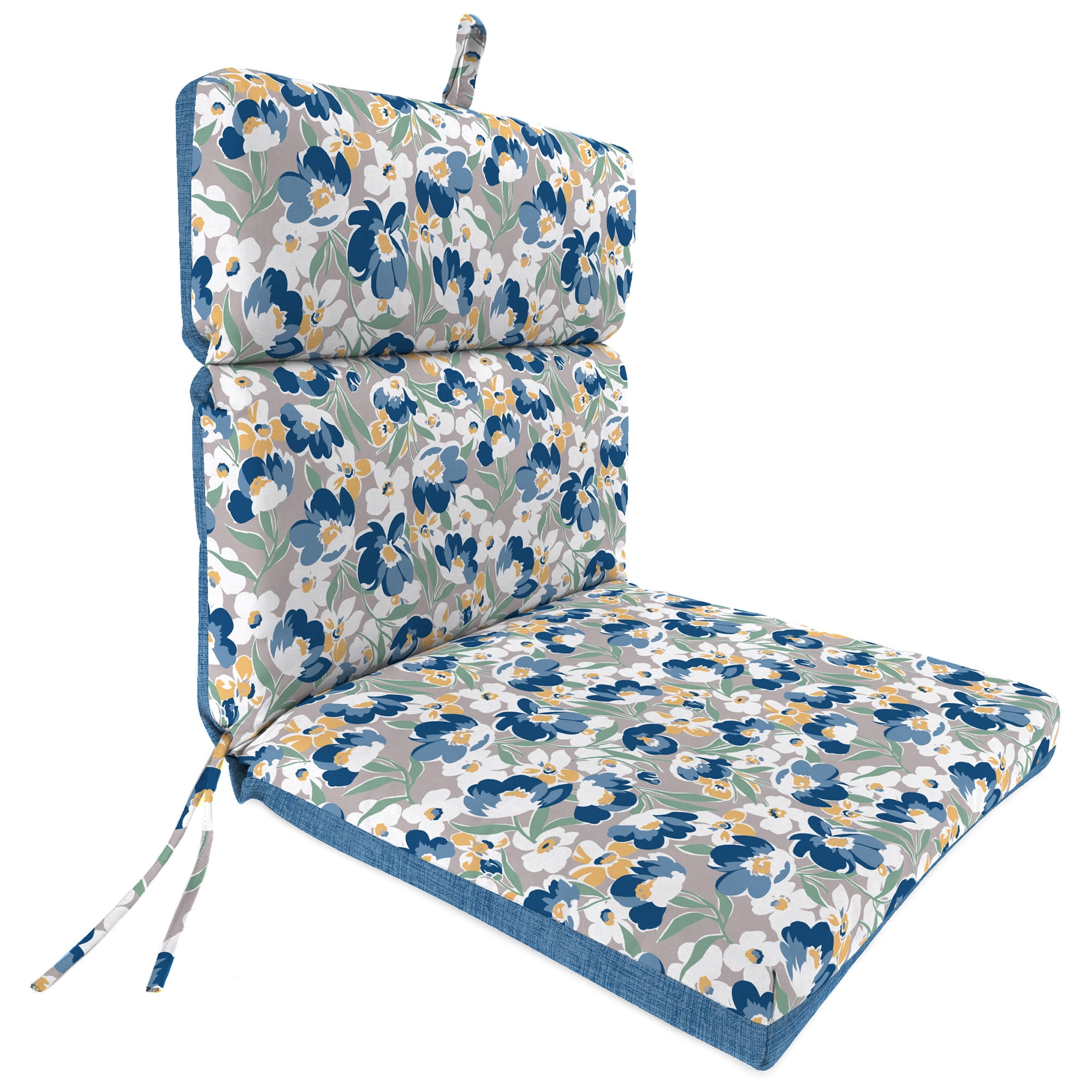 Jordan Manufacturing 44" x 22" Jean Alloy Gray Floral and Celosia Alloy Blue Crosshatch Reversible Rectangular Outdoor Chair Cushion with Ties and Hanger Loop