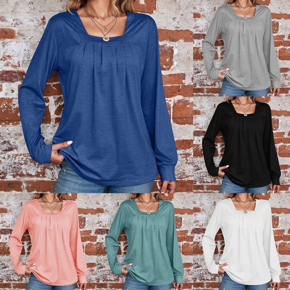 Wlynlyn Womens Long Sleeve Shirts Square Neck Pleated Front Tunic Tops Casual Loose Fitted T Shirt Tops