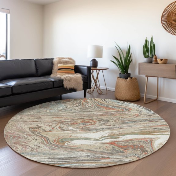 Addison Rugs Mayfield Premium Machine Washable Transitional Abstract Beige Round Rug, 8' x 8'