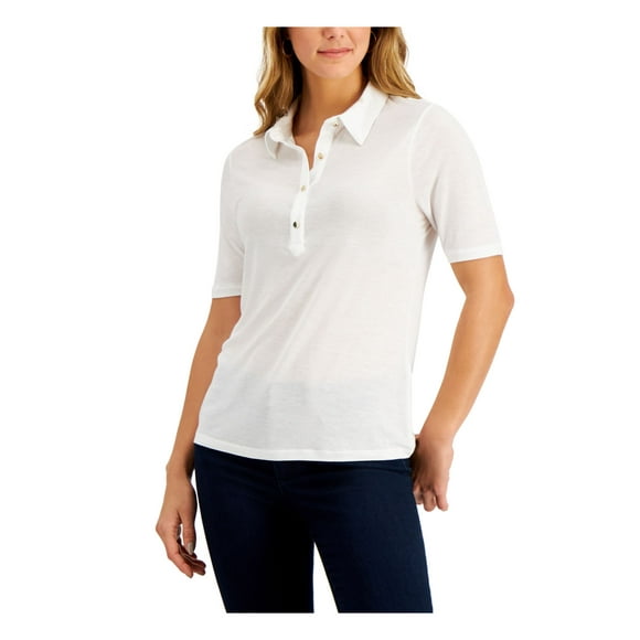 CHARTER CLUB Womens White Short Sleeve Collared T-Shirt Petites PL