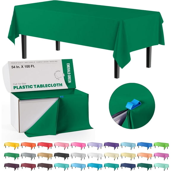 Solids 54 Inch X 100 Feet Emerald Green Plastic Table Cover Roll in A Cut - to - Size Box with Convenient Slide Cutter. Cuts Up to 12 Rectangle 8 Feet Plastic Disposable Tablecloths