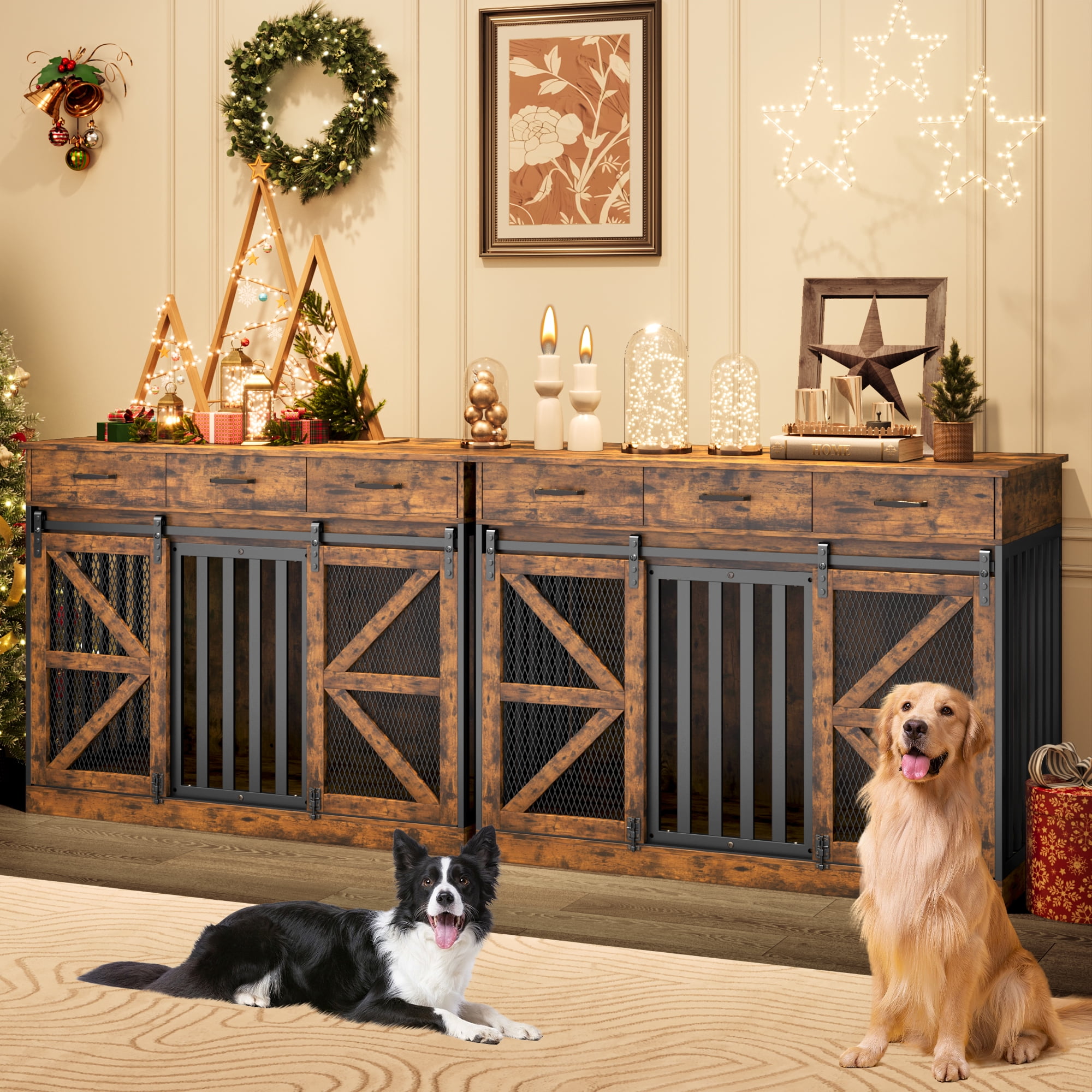Casendy Dog Crate Furniture with Adjustable Divider for 2 Dogs, Heavy Duty Dog Kennels with 3 Drawers and Sliding Doors, Media Console Dog Cage for Living Room, Brown