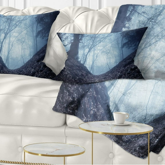Designart Sunlight Hitting Foggy Forest - Landscape Photography Throw Pillow - 12x20