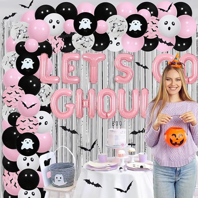 Halloween Let's Go Ghouls Decorations, Pink Black Ghost Bachelorette Balloon Garland Arch Kit Fringe Curtain Banner, Spooky Groovy Bridal Shower Engagement Birthday Party Supplies