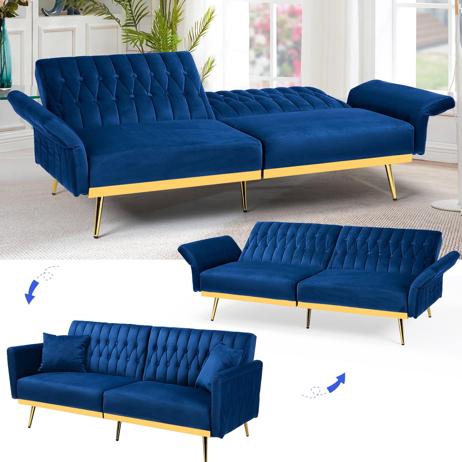 ACMEASE 70” Velvet Futon Sofa Bed with Adjustable Armrests and 2 Pillows, Convertible Futon Couch, Blue