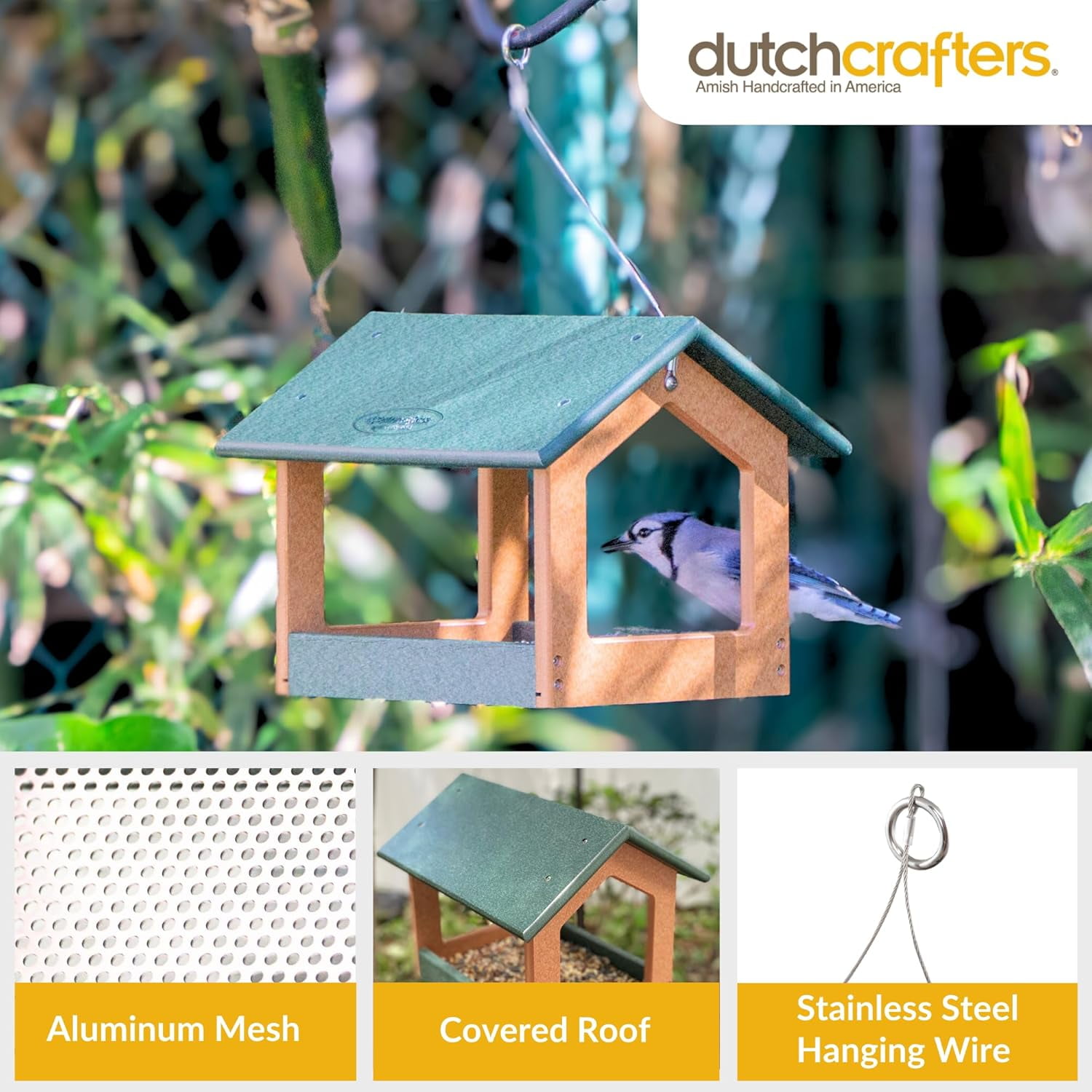DutchCrafters Amish USA Made Recycled Plastic Large Hanging Modern Fly Through Covered Roof Open Platform Tray Bird Feeder for Outdoors, Garden, Yard (Turf Green & Bright Cedar)