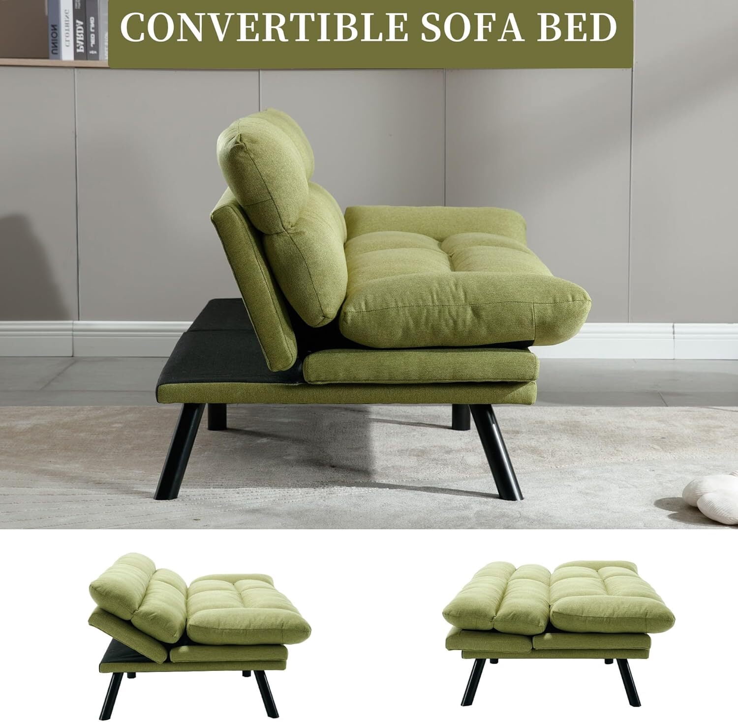 AENKYO Futon Loveseat Sofa Bed 2-Seater, Adjustable Backrest Convertible Sleeper - Green