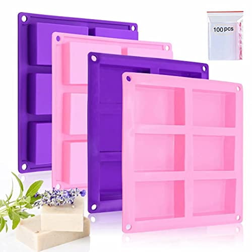 4 Pack Silicone Soap Molds,Rectangle Soap Mold,6 Cavities Silicone Molds for Craft Soap Making,Cake Chocolate Mold,with 100pcs 3.5x5 inches Bags