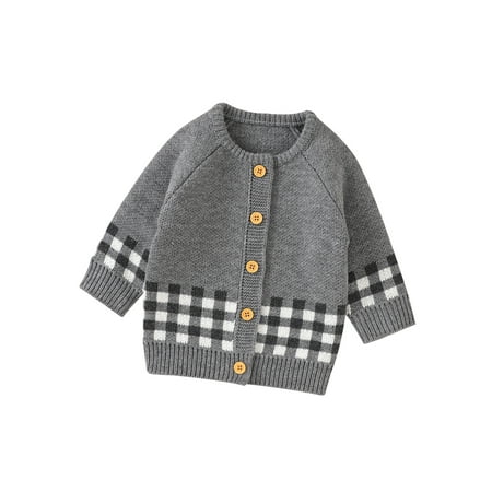 

Sunisery Toddlers Baby Girls Boys Knit Cardigan Sweater Plaid Patchwork Long Sleeve Button Down Warm Coat Gray 12-18 Months