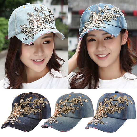 Travelwant Embroidered Flowers Baseball Hat | Embellished Flowers | Gold Sequin Accents | 100% Cotton Denim | Adjusts to Fit Most